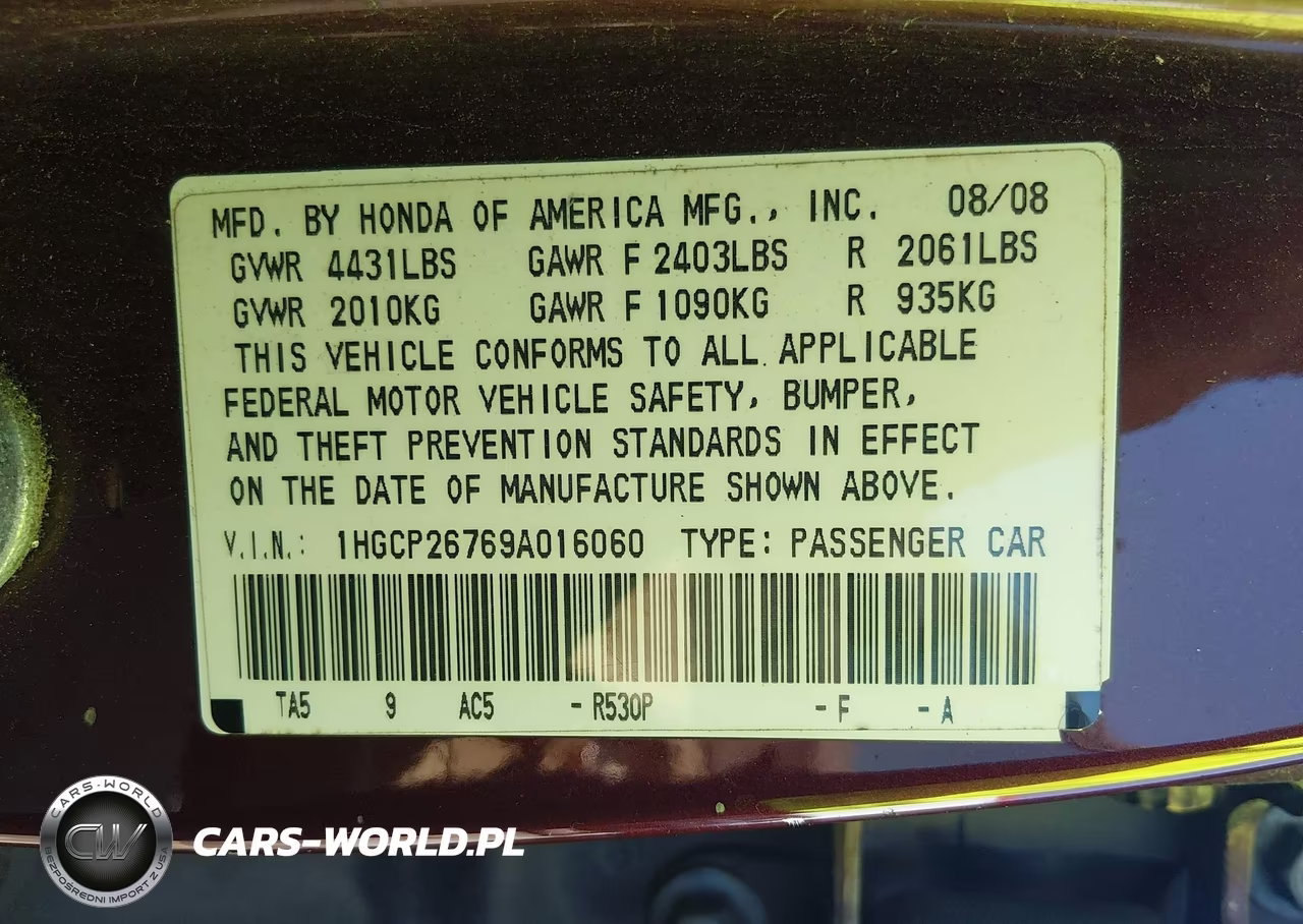 2009 Honda Accord 2.4 Ex VIN:1HGCP26769A016060 - 9