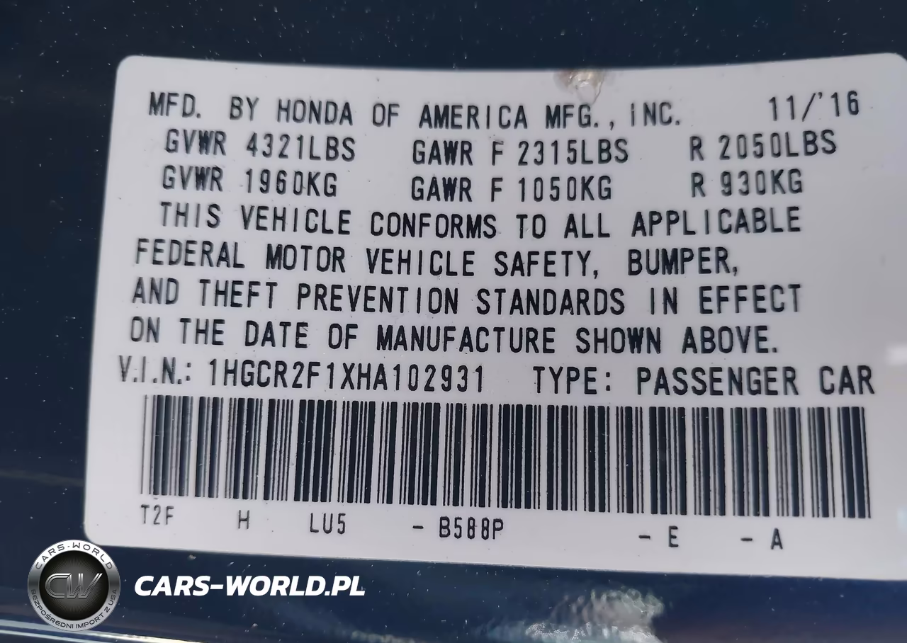 2017 Honda Accord Sport Se VIN:1HGCR2F1XHA102931 - 9