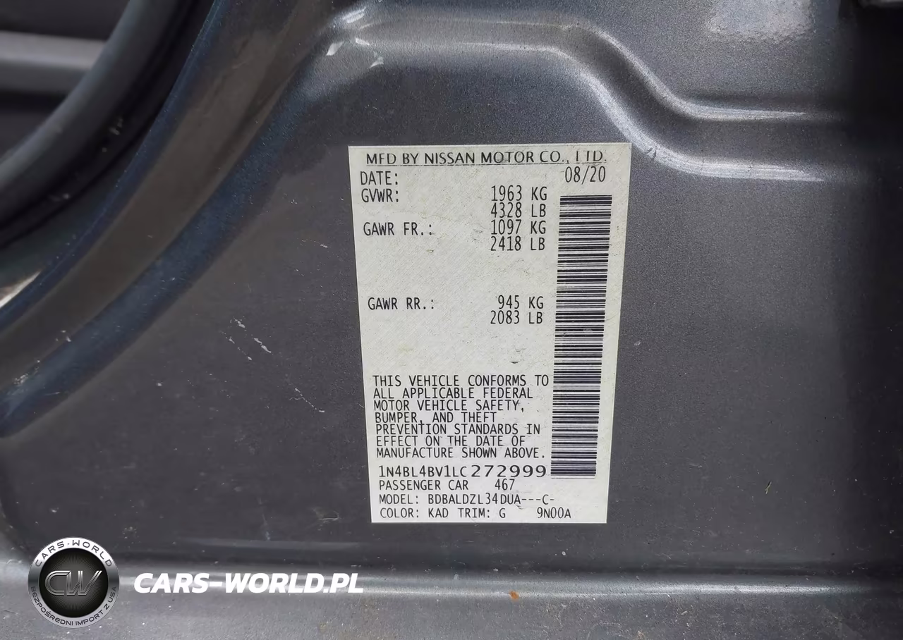 2020 Nissan Altima S Fwd VIN:1N4BL4BV1LC272999 - 9