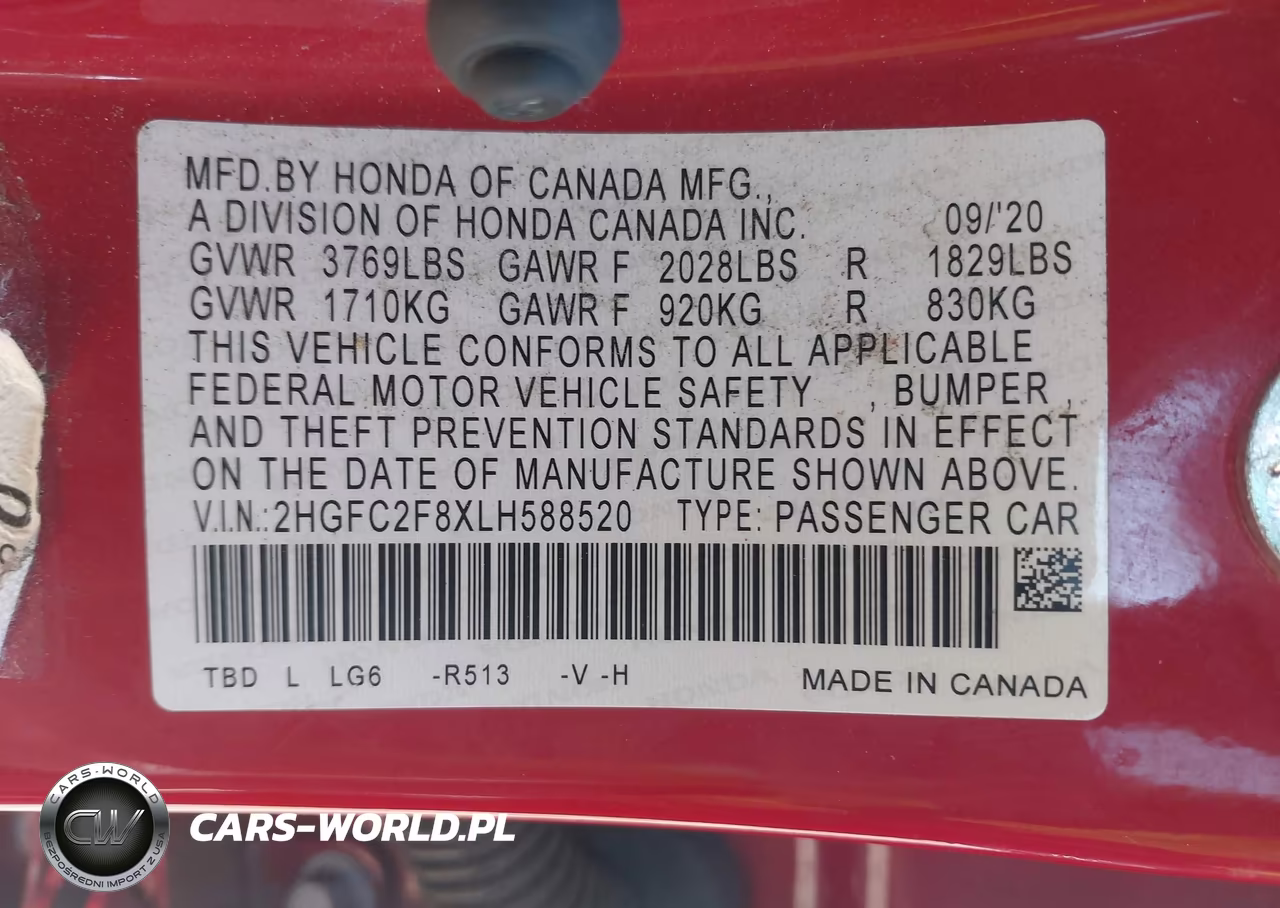 2020 Honda Civic Sport VIN:2HGFC2F8XLH588520 - 9