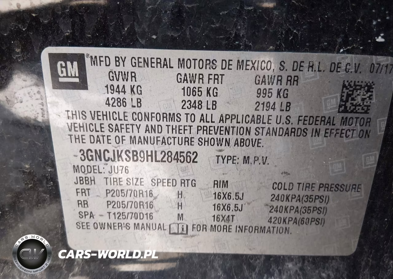 CHEVROLET TRAX LS VIN:3GNCJKSB9HL284562 - 9