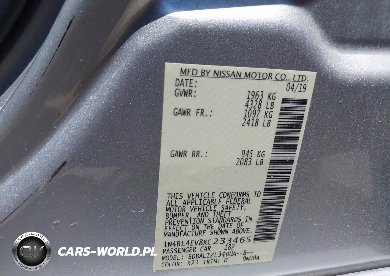 2019 Nissan Altima 2.5 Sl VIN:1N4BL4EV8KC233465 - 9