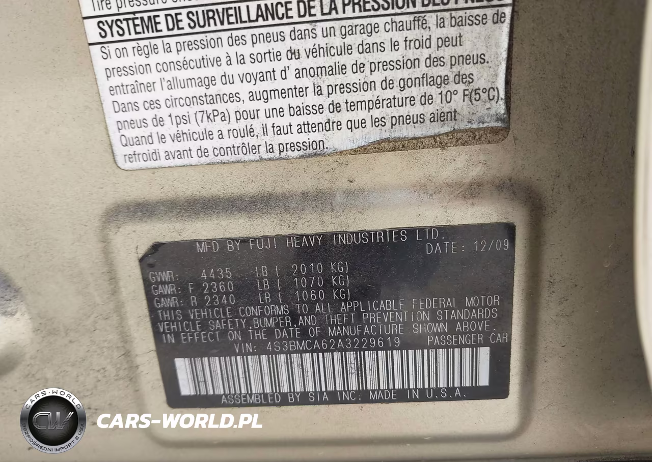 2010 Subaru Legacy 2.5I VIN:4S3BMCA62A3229619 - 9