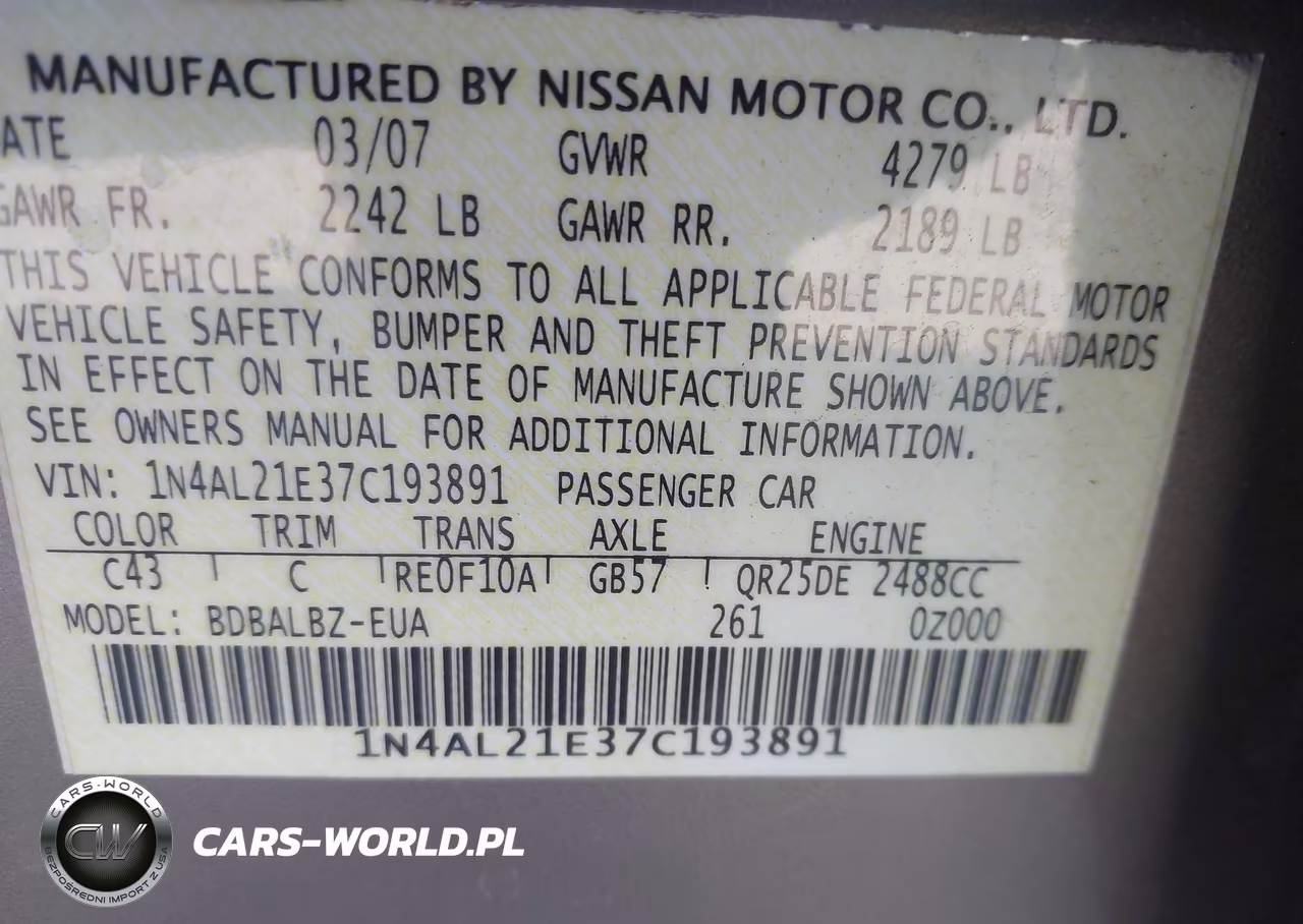 2007 Nissan Altima 2.5 S VIN:1N4AL21E37C193891 - 9