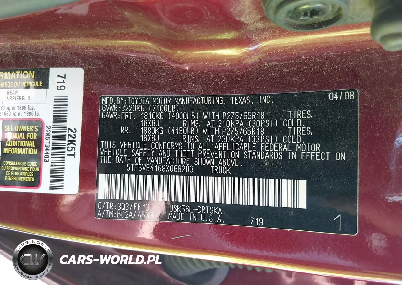 2008 Toyota Tundra Sr5 5.7L V8 VIN:5TFBV54168X068283 - 9