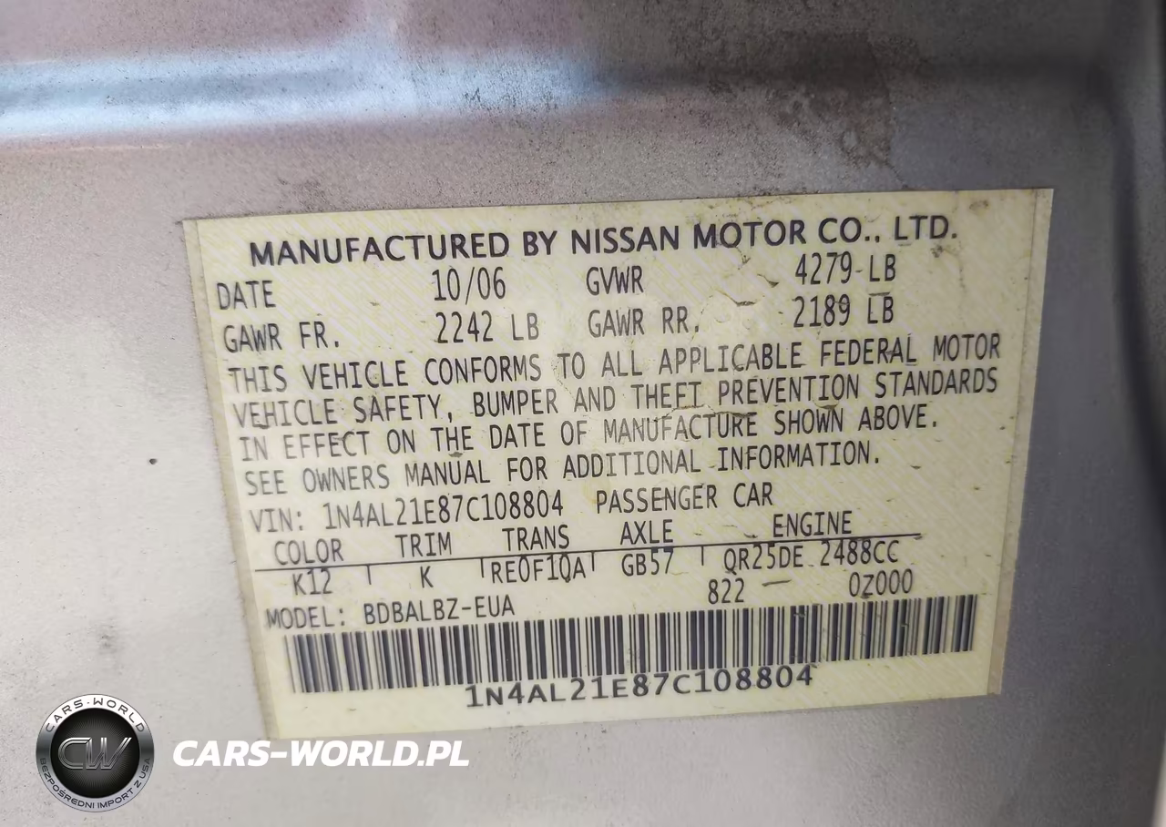 2007 Nissan Altima 2.5 S VIN:1N4AL21E87C108804 - 9