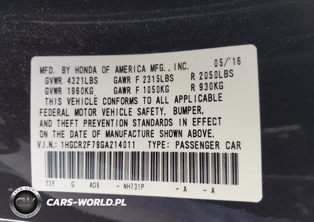 2016 Honda Accord Ex VIN:1HGCR2F79GA214011 - 9