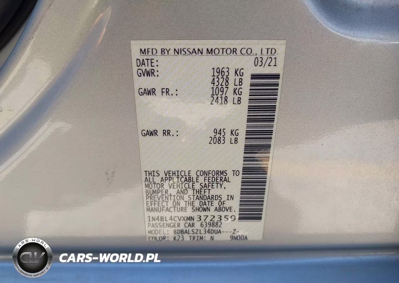2021 Nissan Altima Sr Fwd VIN:1N4BL4CVXMN372359 - 9