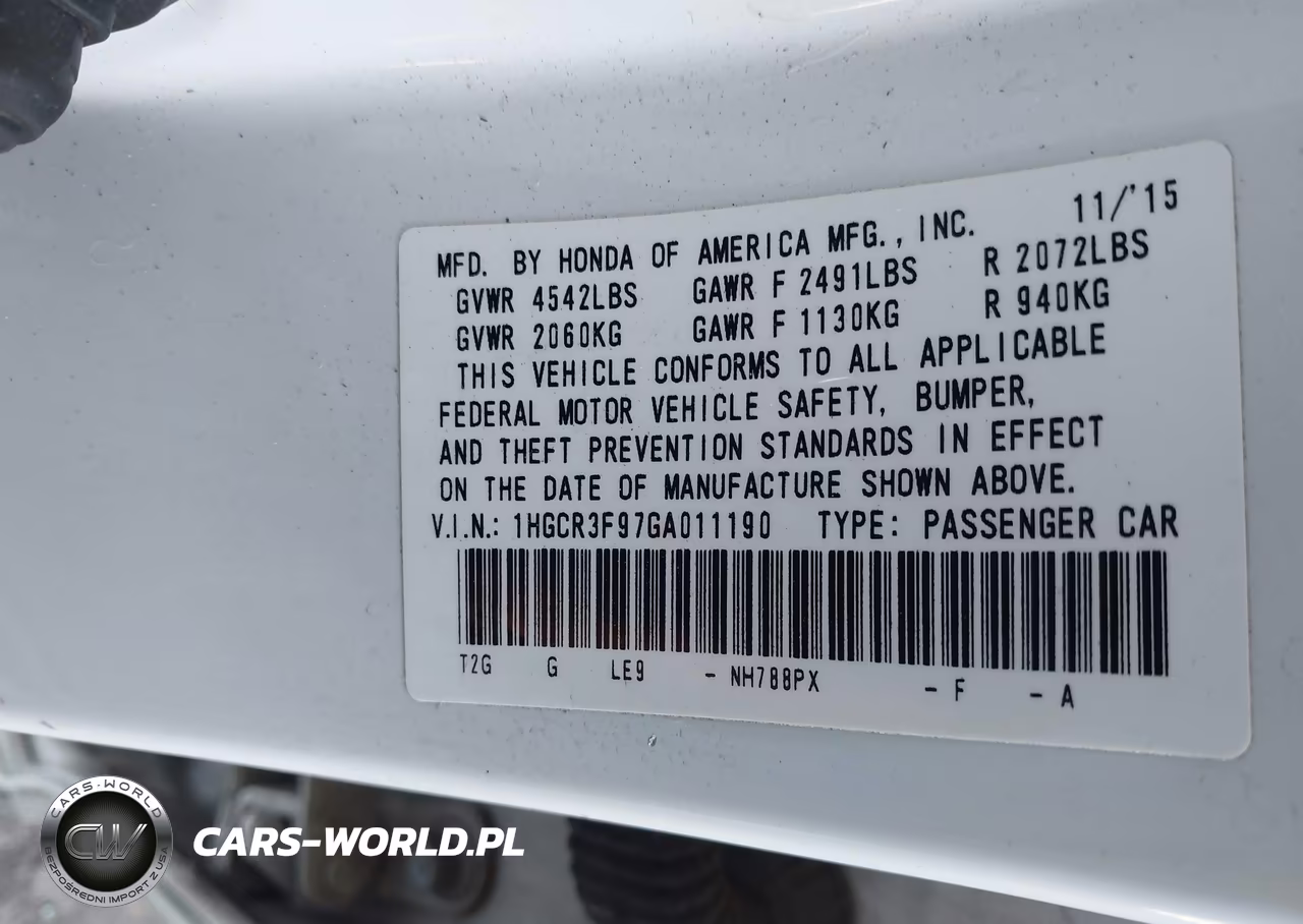 2016 Honda Accord Touring VIN:1HGCR3F97GA011190 - 9