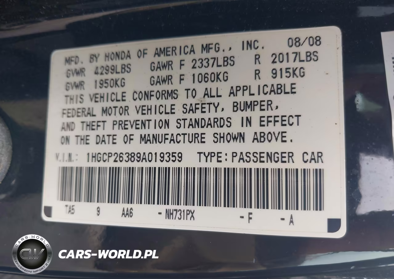 2009 Honda Accord 2.4 Lx VIN:1HGCP26389A019359 - 9