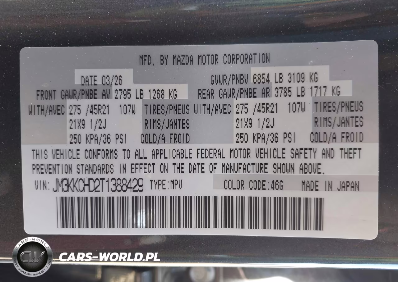 2026 Mazda Cx-90 3.3 Turbo Premium Sport VIN:JM3KKCHD2T1388429 - 9