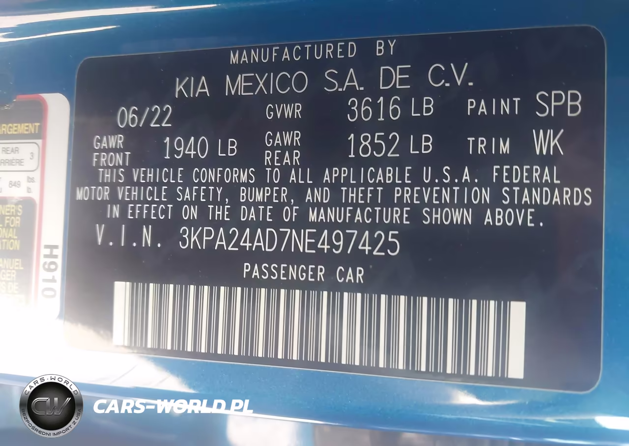 2022 Kia Rio S VIN:3KPA24AD7NE497425 - 9