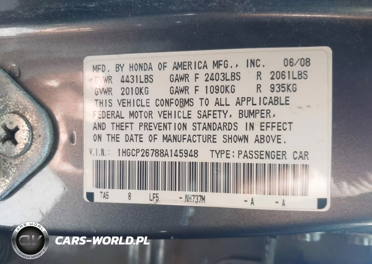 2008 Honda Accord 2.4 Ex VIN:1HGCP26788A145948 - 9