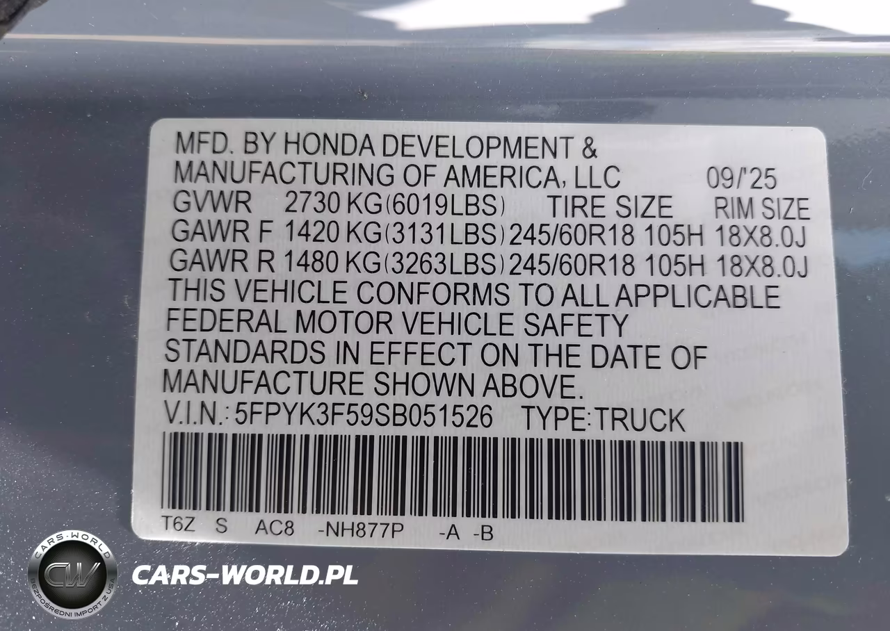 2025 Honda Ridgeline Rtl VIN:5FPYK3F59SB051526 - 9