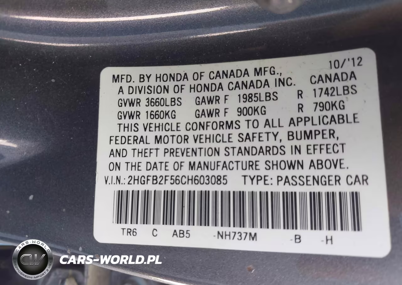2012 Honda Civic Lx VIN:2HGFB2F56CH603085 - 9