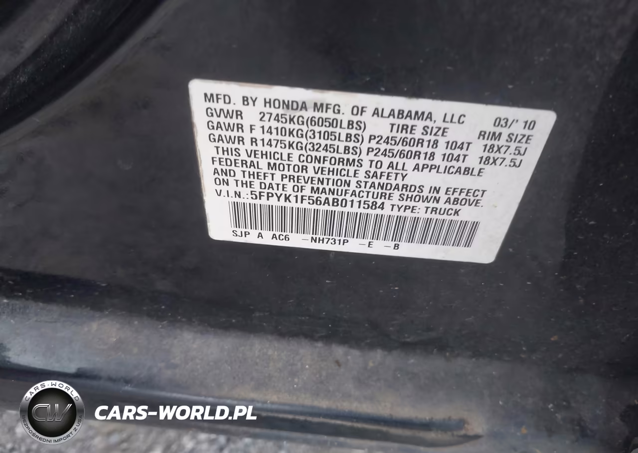 2010 Honda Ridgeline Rtl VIN:5FPYK1F56AB011584 - 9