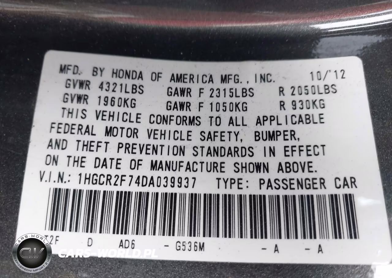 2013 Honda Accord Ex VIN:1HGCR2F74DA039937 - 9
