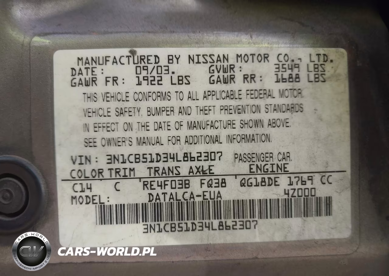2004 Nissan Sentra 1.8 VIN:3N1CB51D34L862307 - 9