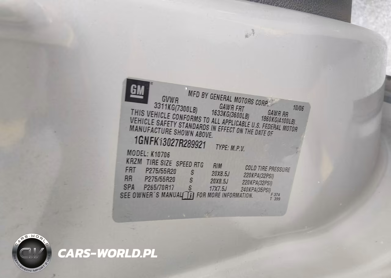2007 Chevrolet Tahoe Lt VIN:1GNFK13027R289921 - 9