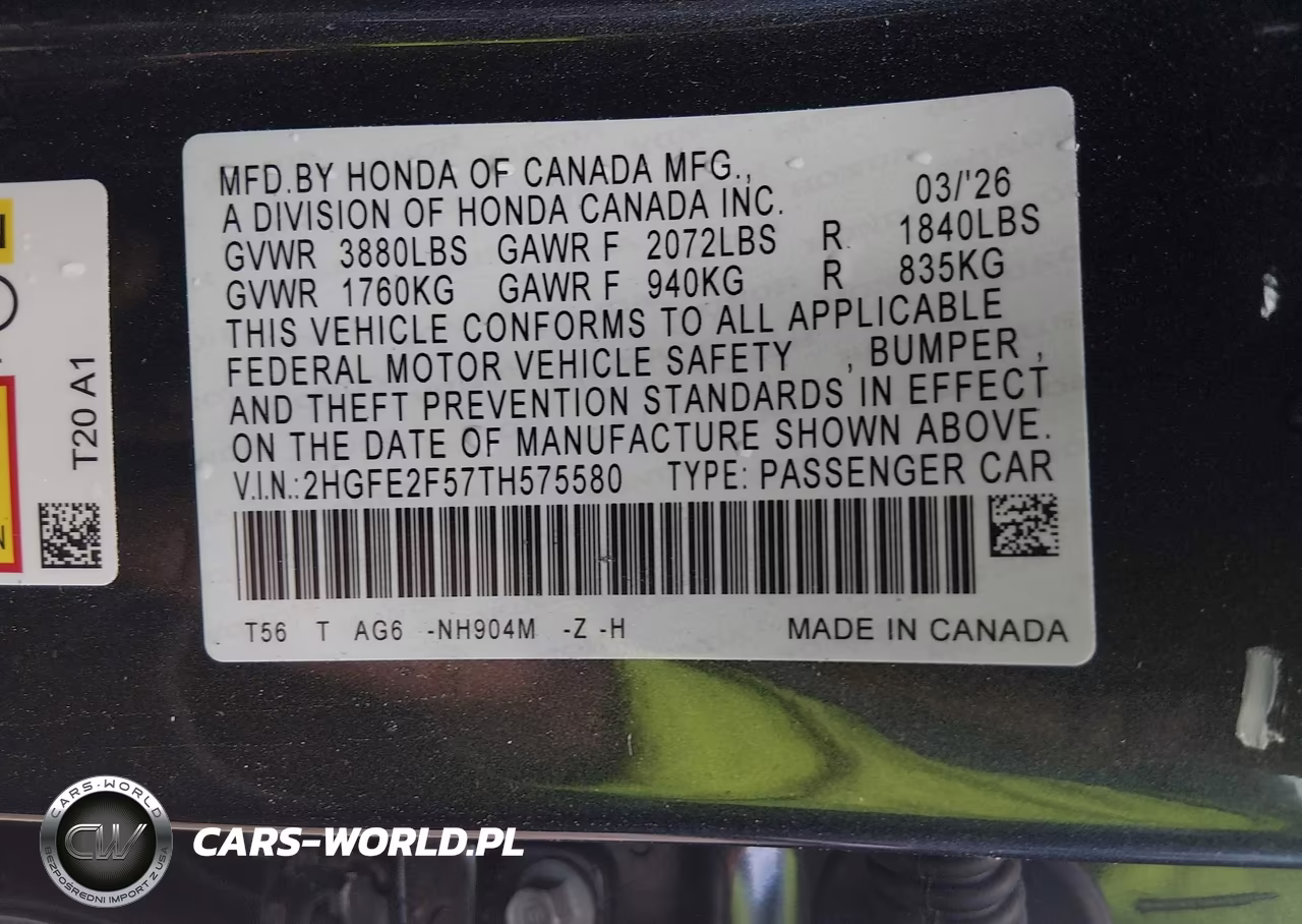 2026 Honda Civic Sport VIN:2HGFE2F57TH575580 - 9