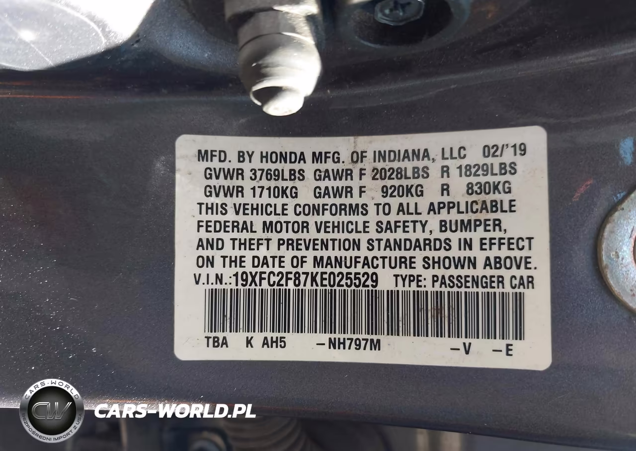 2019 Honda Civic Sport VIN:19XFC2F87KE025529 - 9