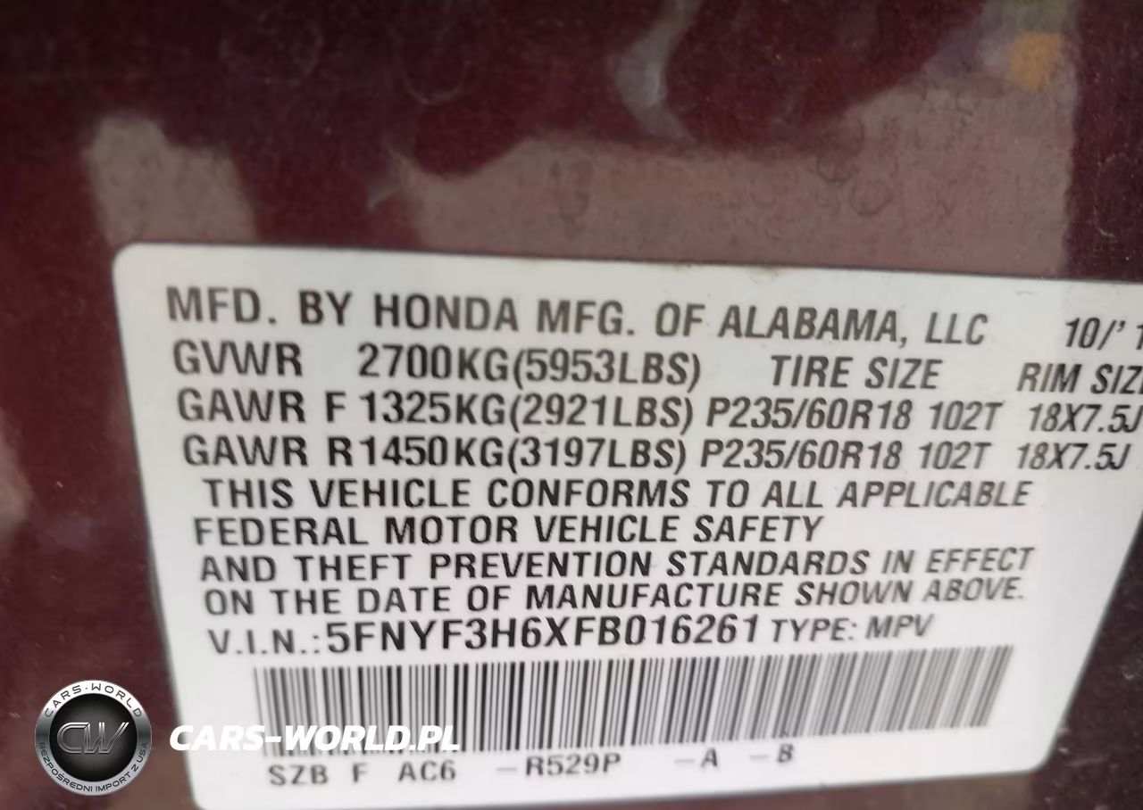 2015 Honda Pilot Ex-L VIN:5FNYF3H6XFB016261 - 9