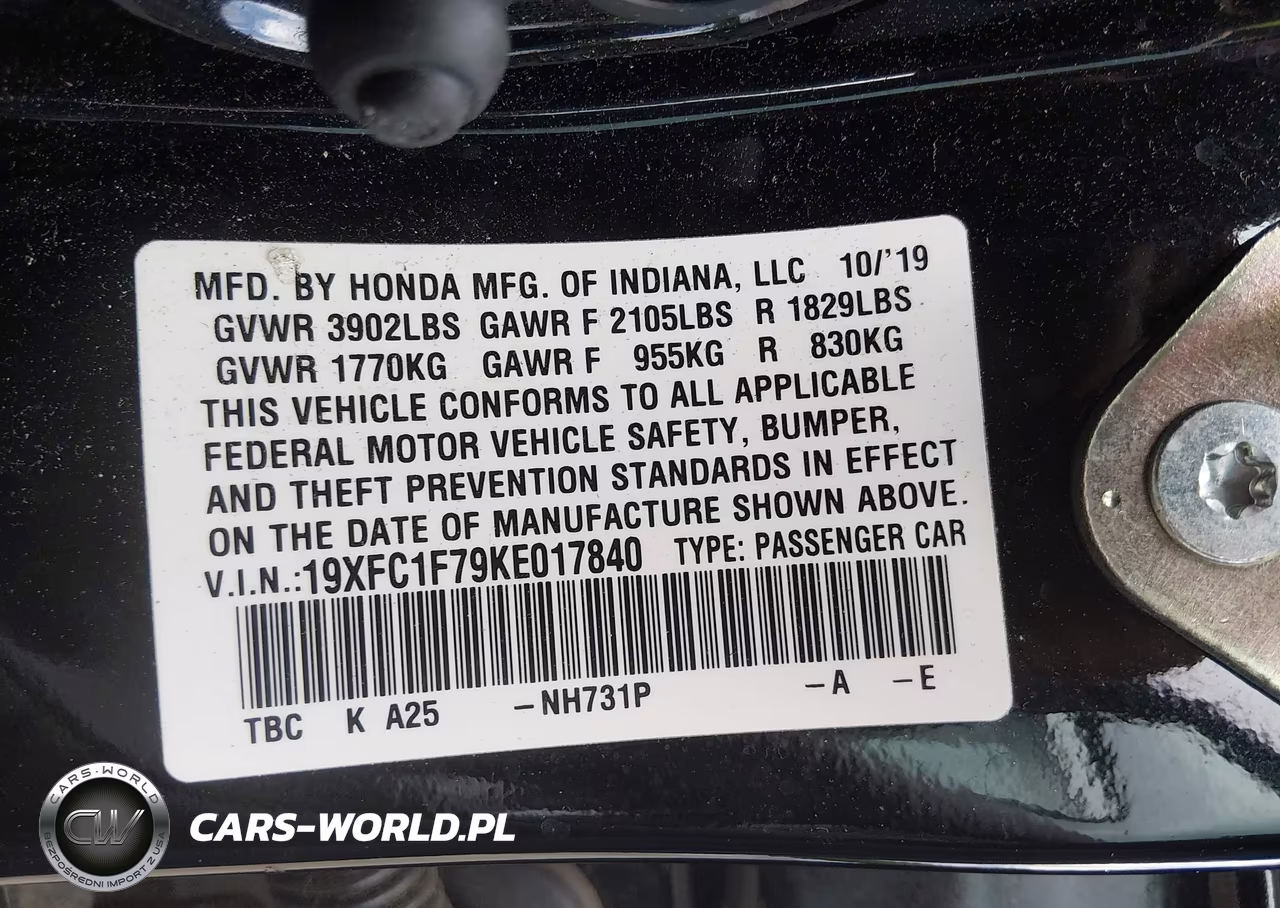 2019 Honda Civic Ex-L VIN:19XFC1F79KE017840 - 9