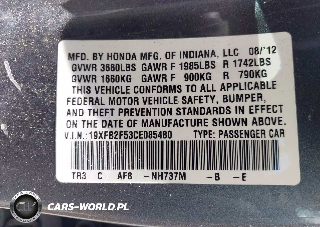 2012 Honda Civic Lx VIN:19XFB2F53CE085480 - 9