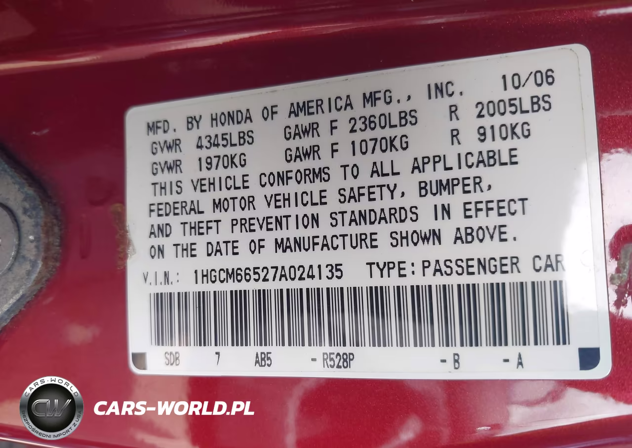 2007 Honda Accord 3.0 Ex VIN:1HGCM66527A024135 - 9
