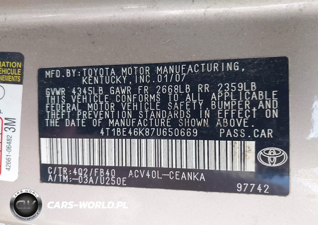 2007 Toyota Camry Le VIN:4T1BE46K87U650669 - 9