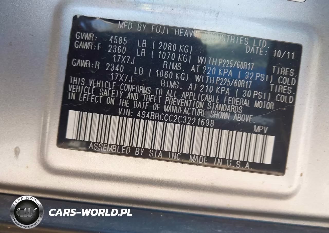 2012 Subaru Outback 2.5I Premium VIN:4S4BRCCC2C3221698 - 9