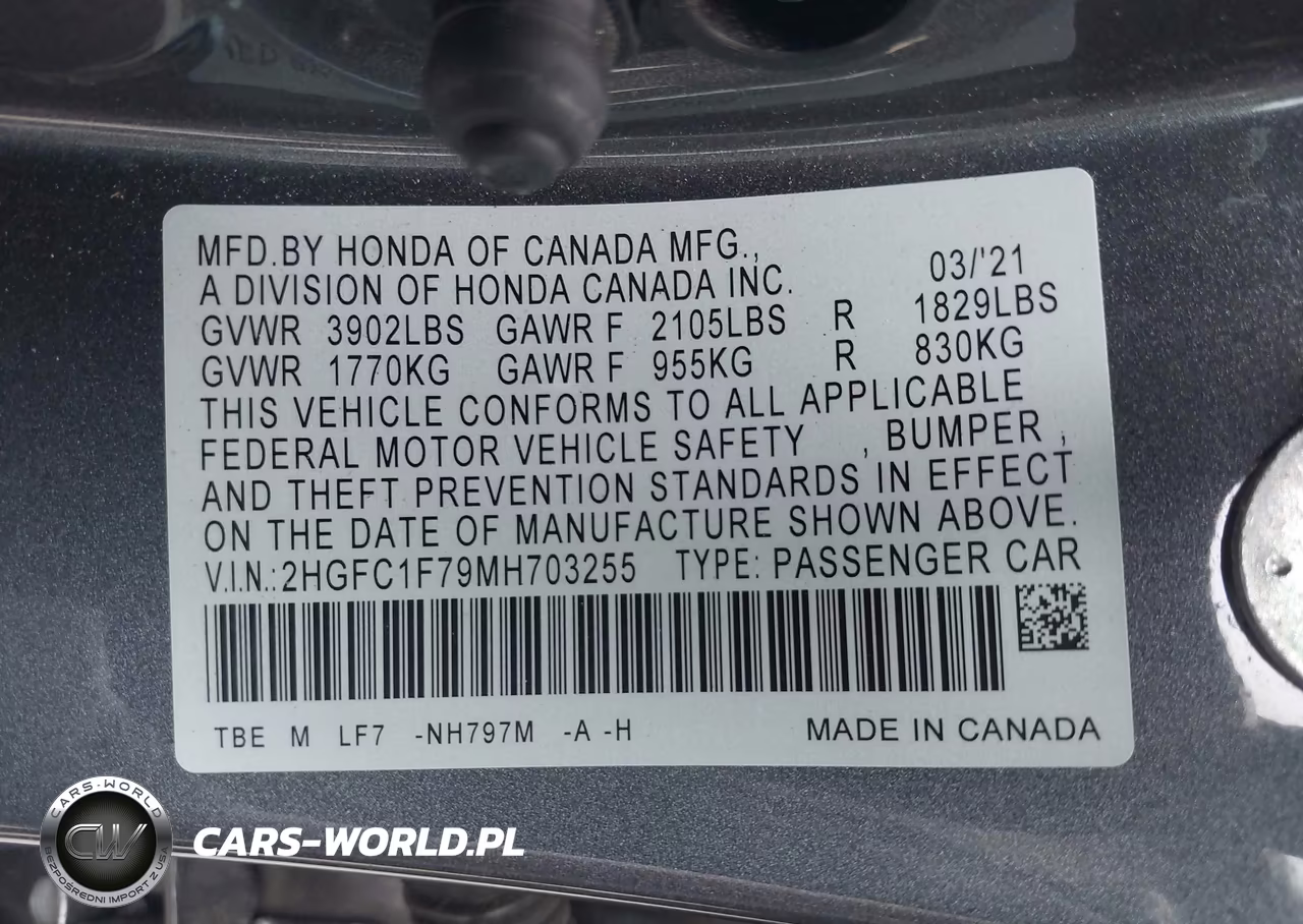 2021 Honda Civic Ex-L VIN:2HGFC1F79MH703255 - 9