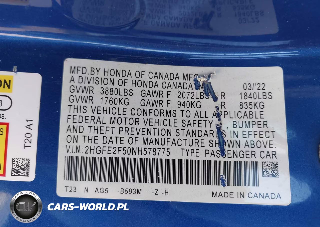 2022 Honda Civic Sport VIN:2HGFE2F50NH578775 - 9
