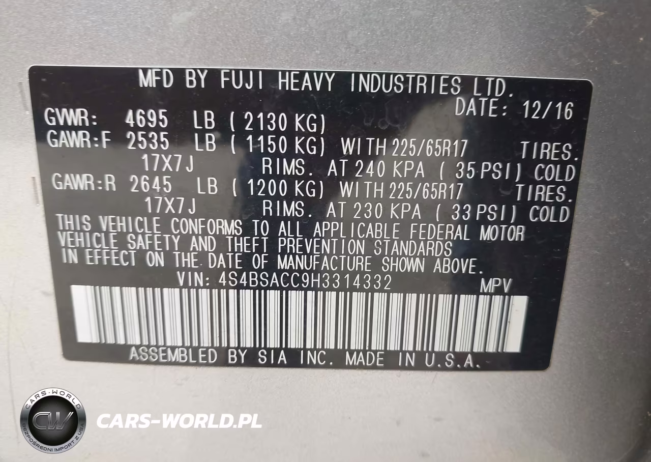 2017 Subaru Outback 2.5I Premium VIN:4S4BSACC9H3314332 - 9