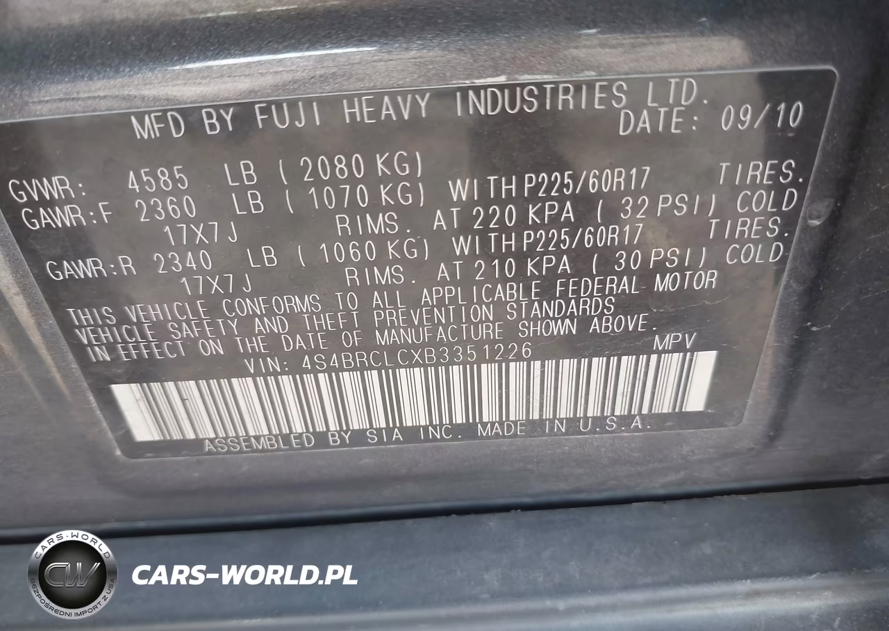 2011 Subaru Outback 2.5I Limited VIN:4S4BRCLCXB3351226 - 9