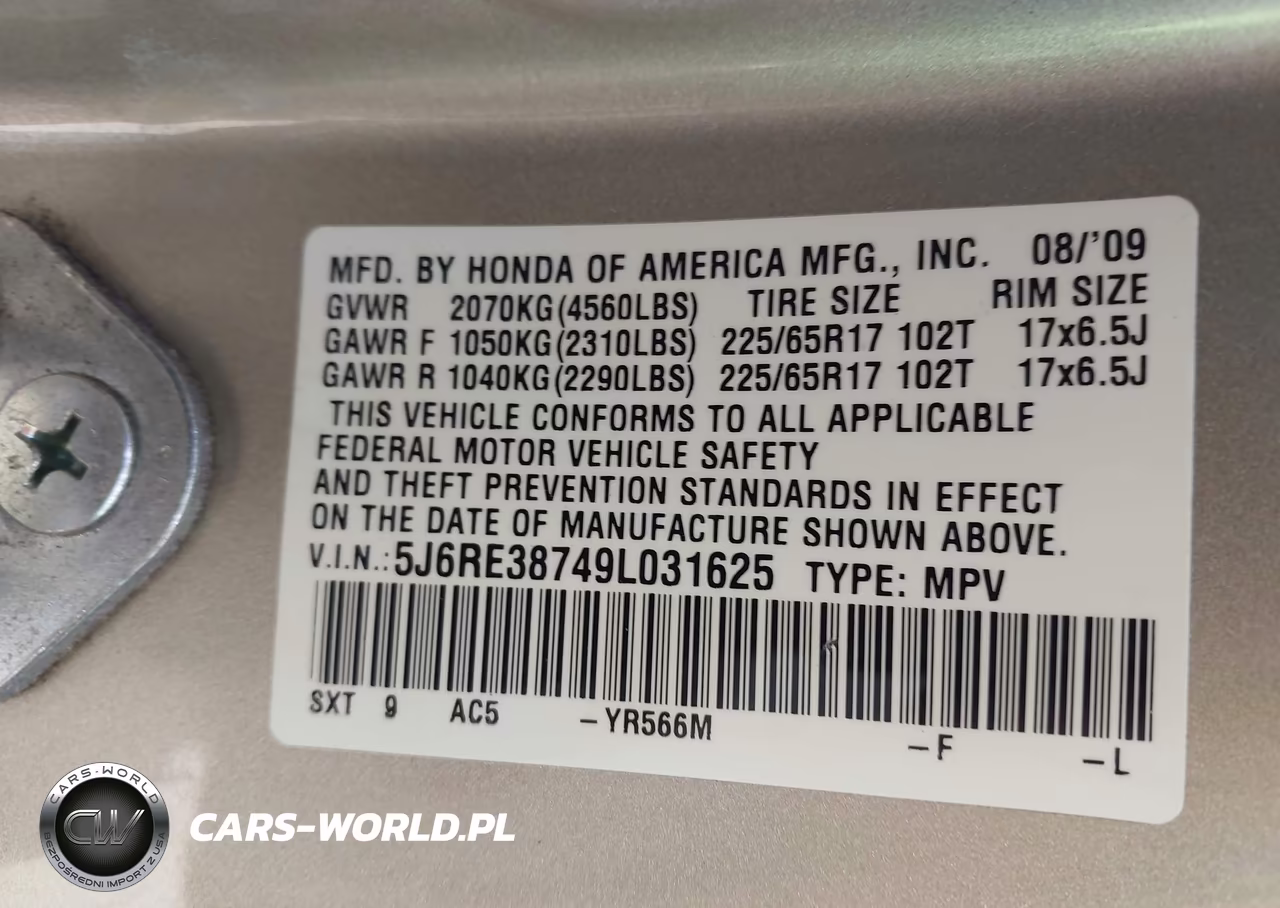 2009 Honda Cr-V Ex-L VIN:5J6RE38749L031625 - 9