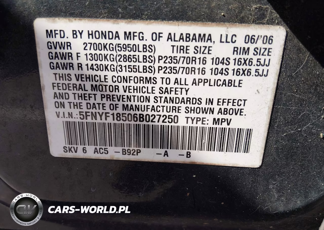 2006 Honda Pilot Ex VIN:5FNYF18506B027250 - 9