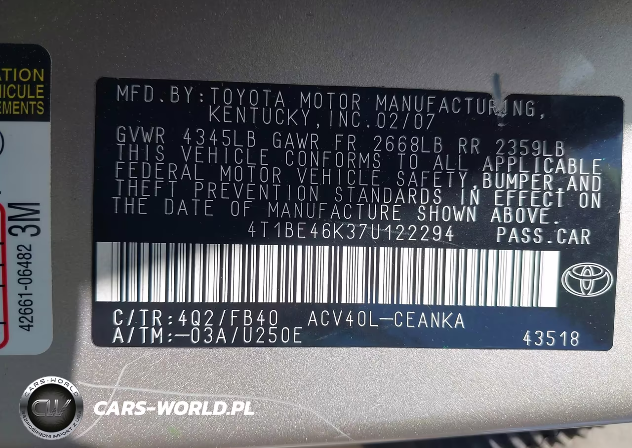 2007 Toyota Camry Le VIN:4T1BE46K37U122294 - 9