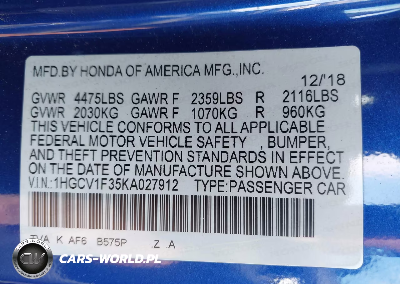 2019 Honda Accord Sport VIN:1HGCV1F35KA027912 - 9