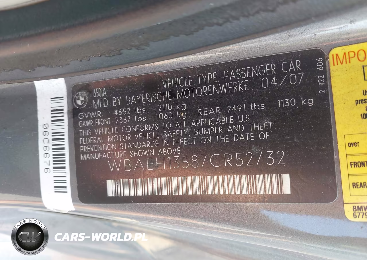 2007 BMW 650I VIN:WBAEH13587CR52732 - 9