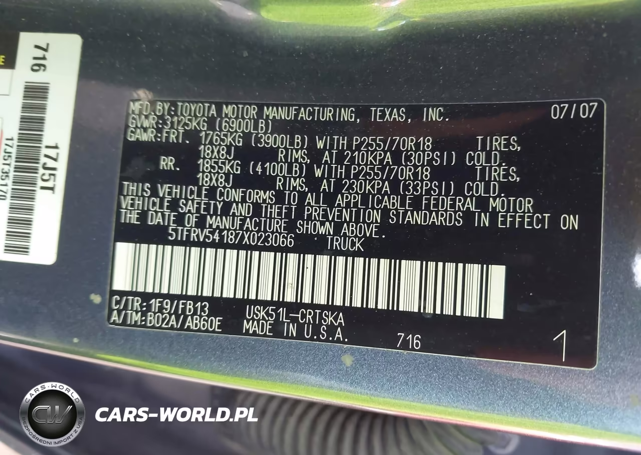 2007 Toyota Tundra Sr5 V8 VIN:5TFRV54187X023066 - 9