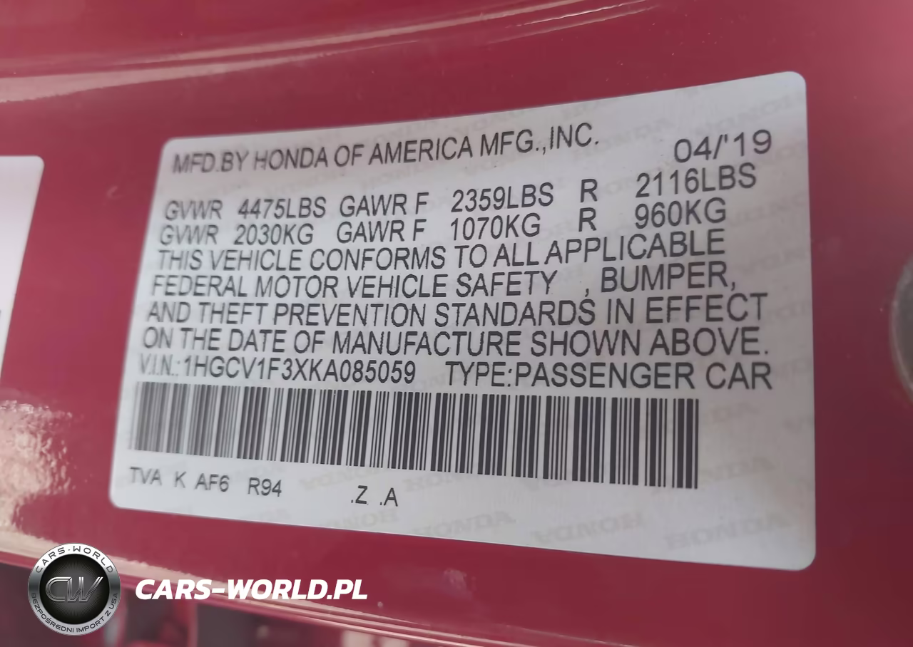 2019 Honda Accord Sport VIN:1HGCV1F3XKA085059 - 9