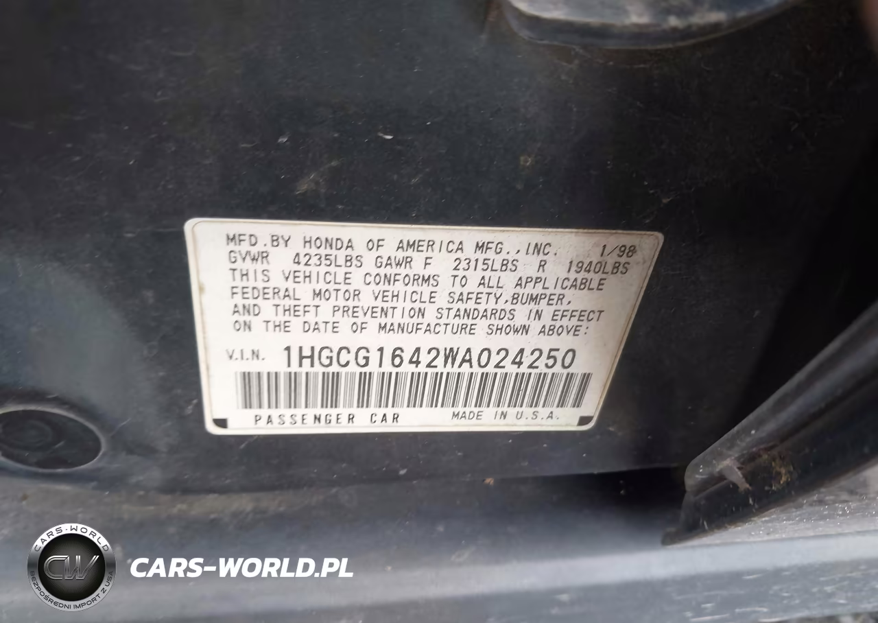 1998 Honda Accord Lx V6 VIN:1HGCG1642WA024250 - 9