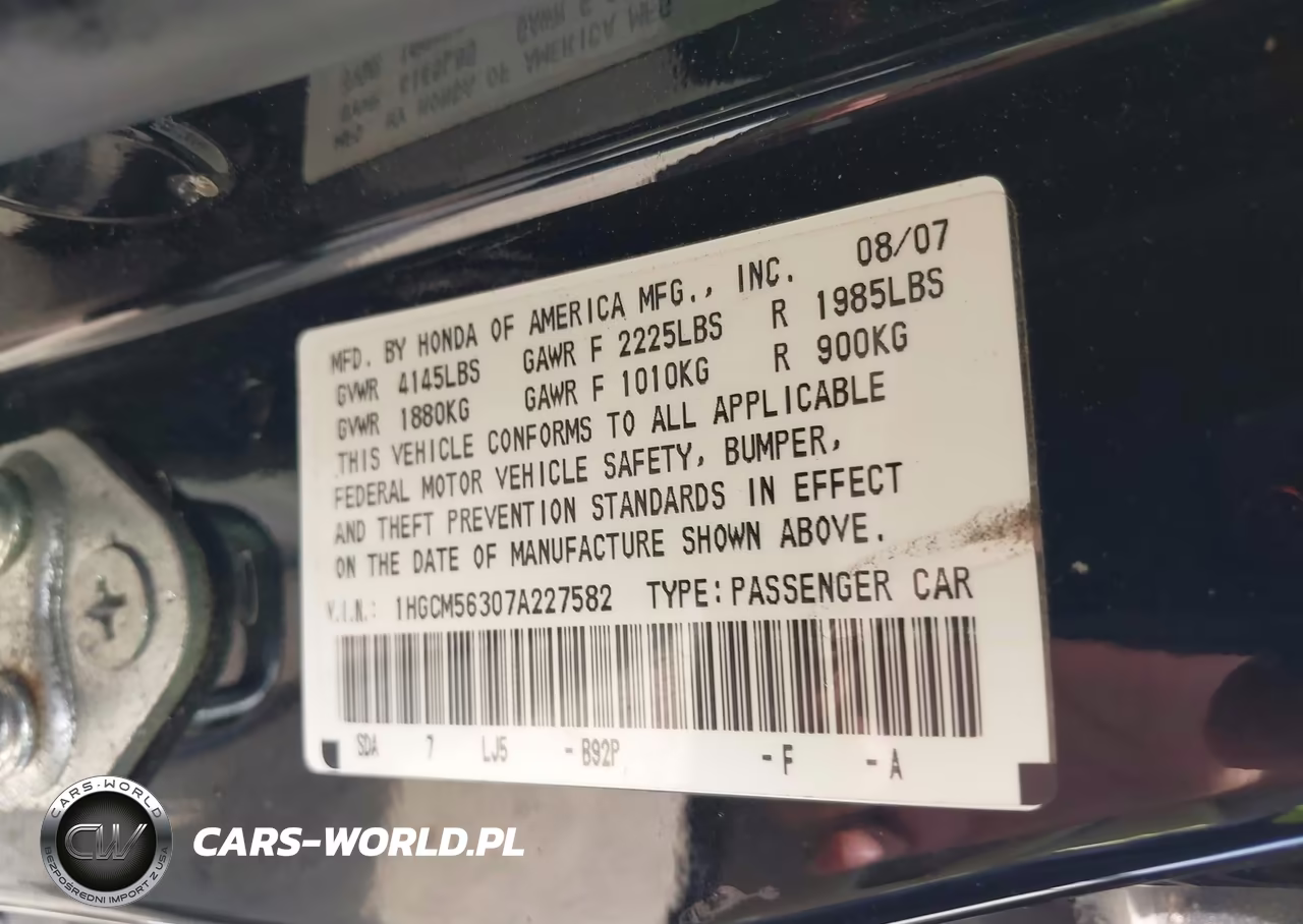 2007 Honda Accord 2.4 Se VIN:1HGCM56307A227582 - 9