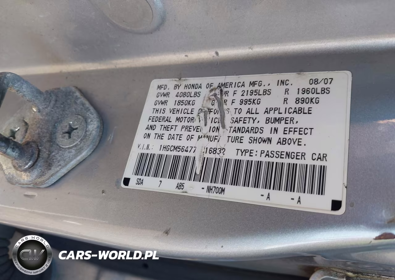 2007 Honda Accord 2.4 Lx VIN:1HGCM56477A216832 - 9