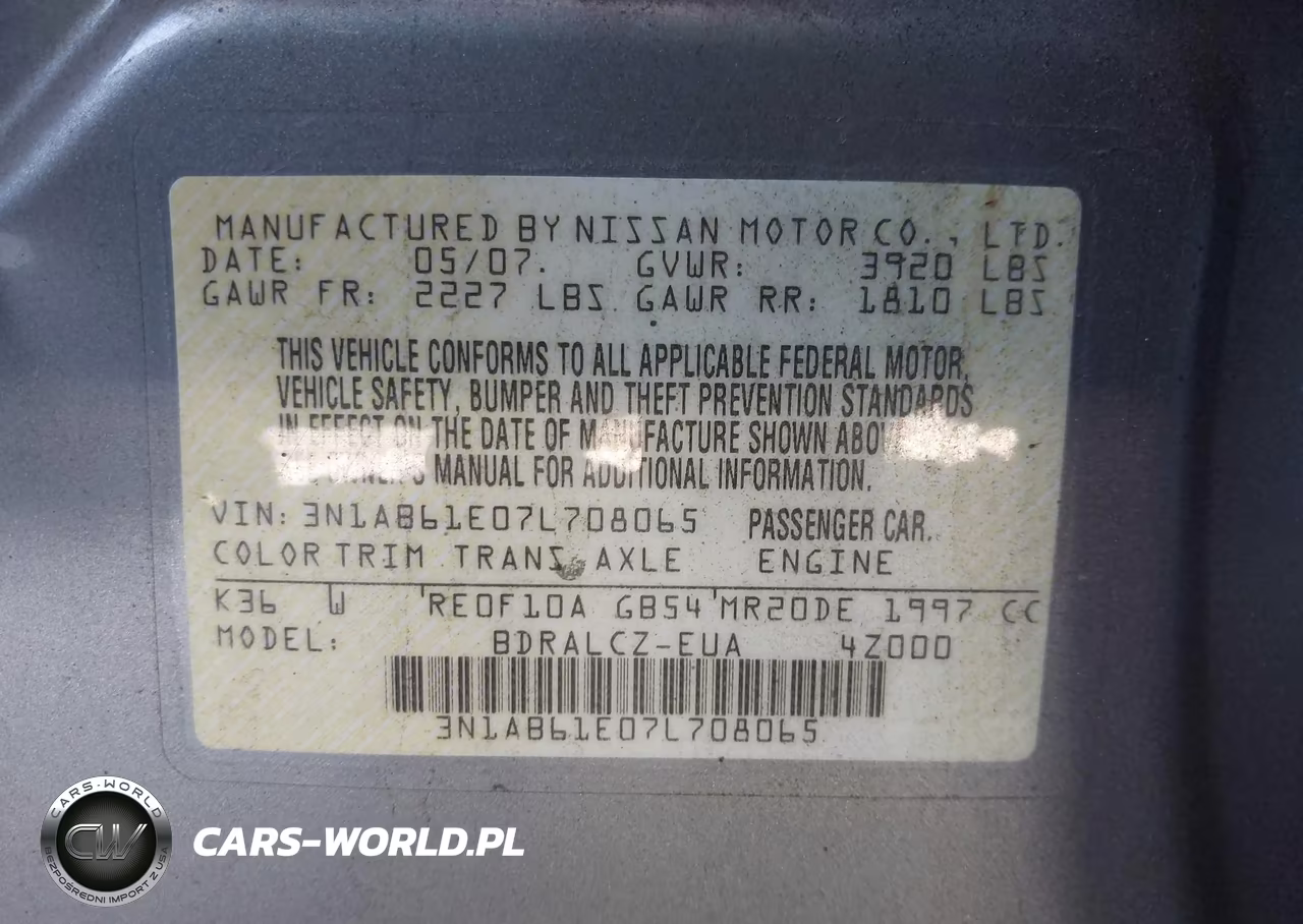 2007 Nissan Sentra 2.0 VIN:3N1AB61E07L708065 - 9