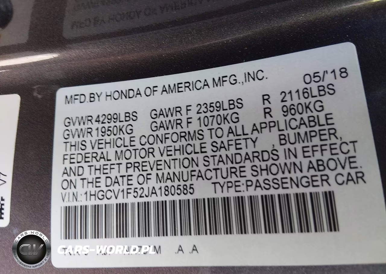 2018 Honda Accord Ex-L VIN:1HGCV1F52JA180585 - 9