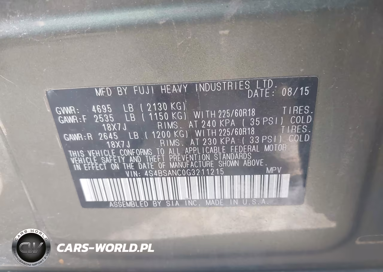 2016 Subaru Outback 2.5I Limited VIN:4S4BSANC0G3211215 - 9