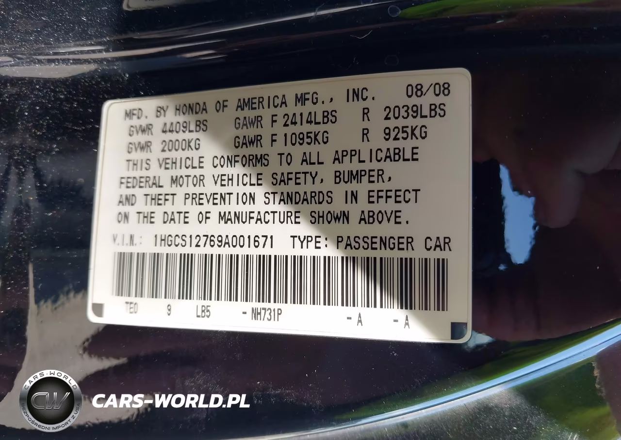 2009 Honda Accord 2.4 Ex VIN:1HGCS12769A001671 - 9