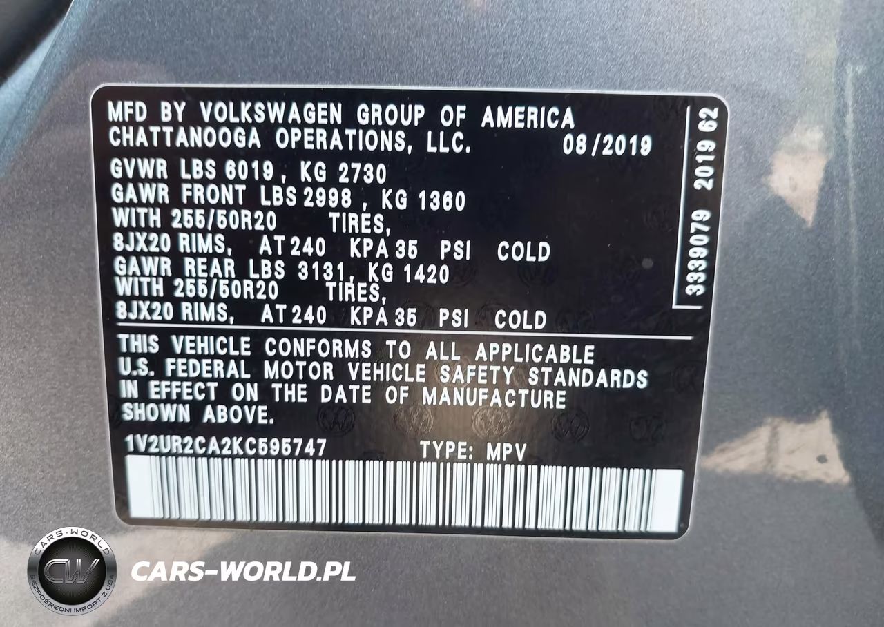 2019 Volkswagen Atlas 3.6L V6 Se W-Technology VIN:1V2UR2CA2KC595747 - 9